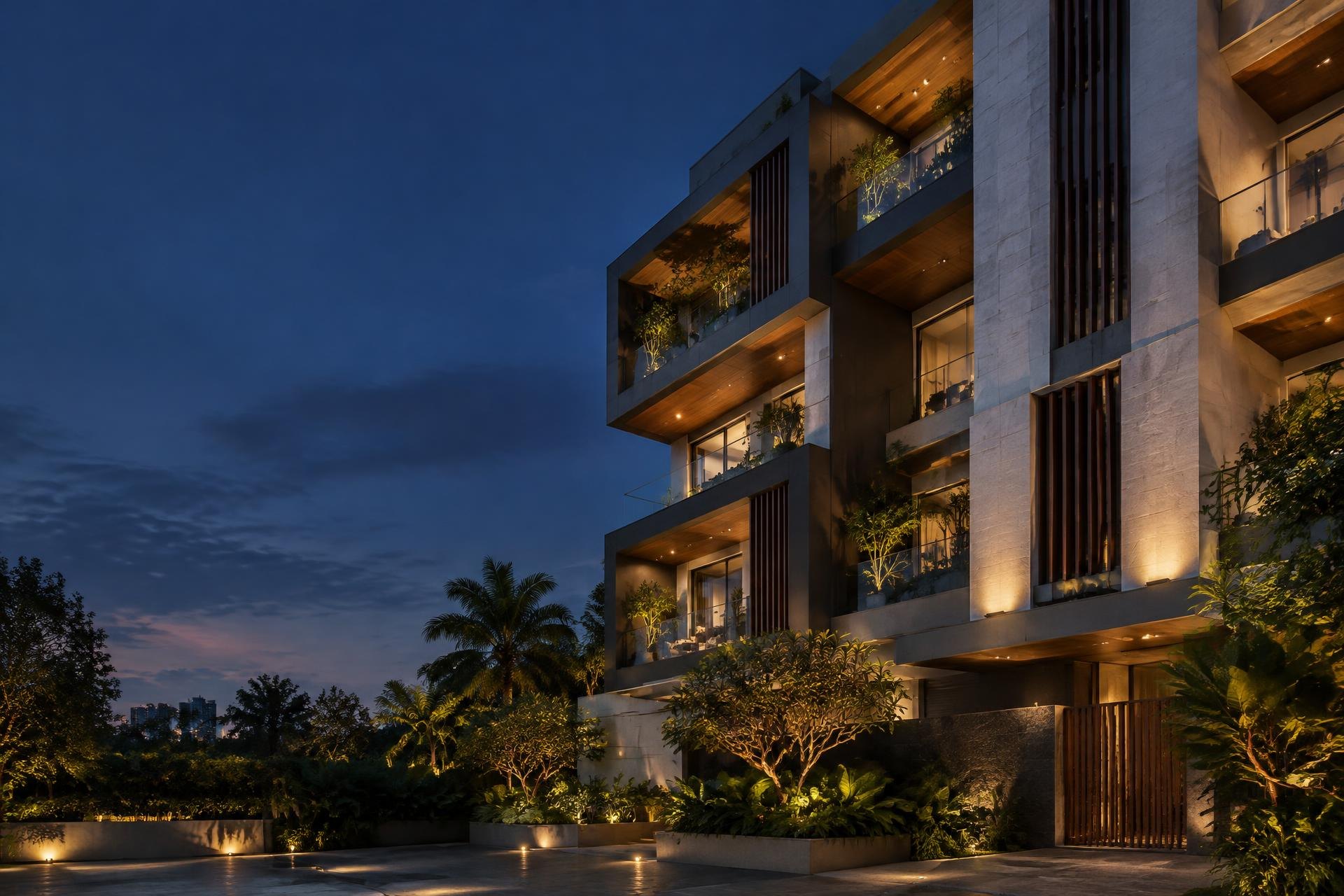 Contemporary residential architecture with landscaped grounds and illuminated balconies